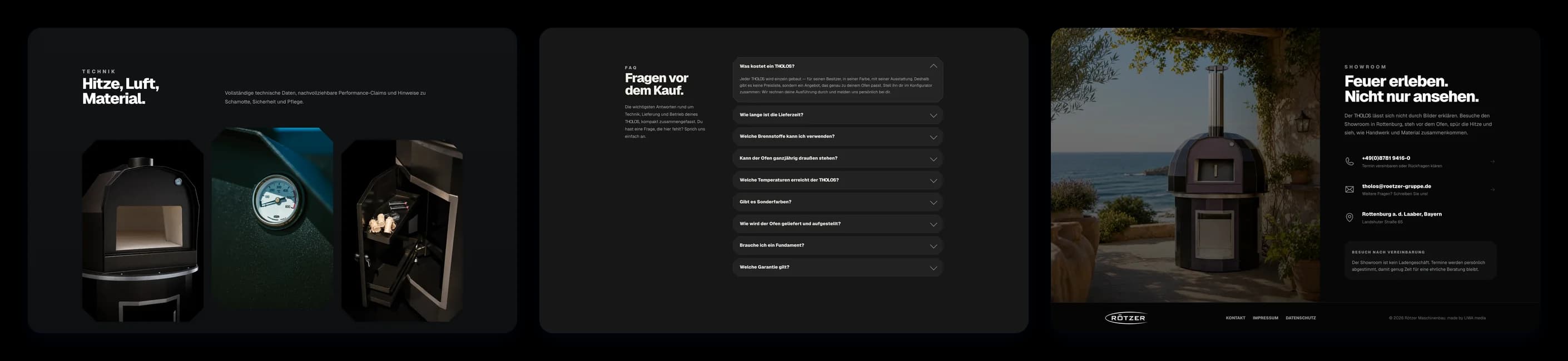 Ausgewählte Abschnitte der Website im Überblick: Einstieg, Handwerk, Fertigung, Konfigurator, Technik, häufige Fragen, Showroom