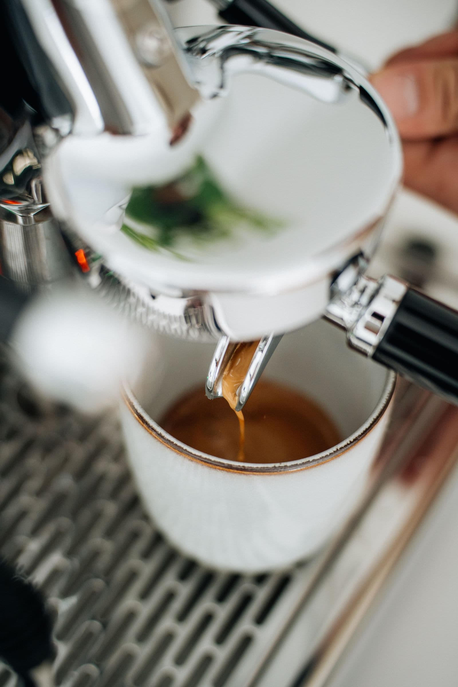 Espresso läuft aus der Siebträgermaschine in eine weiße Tasse
