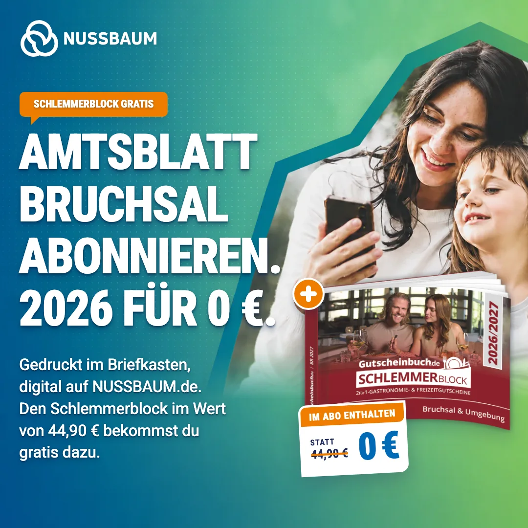 Feed-Anzeige für Meta im Format 1:1: Mutter und Tochter mit Smartphone, Amtsblatt Bruchsal 2026 für 0 €, Schlemmerblock im Wert von 44,90 € gratis