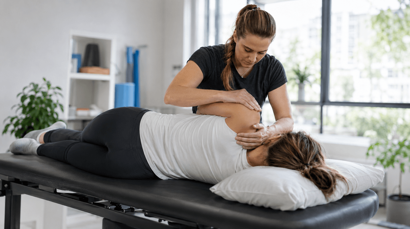 Physiotherapeutin behandelt eine Patientin in einem hellen Therapieraum
