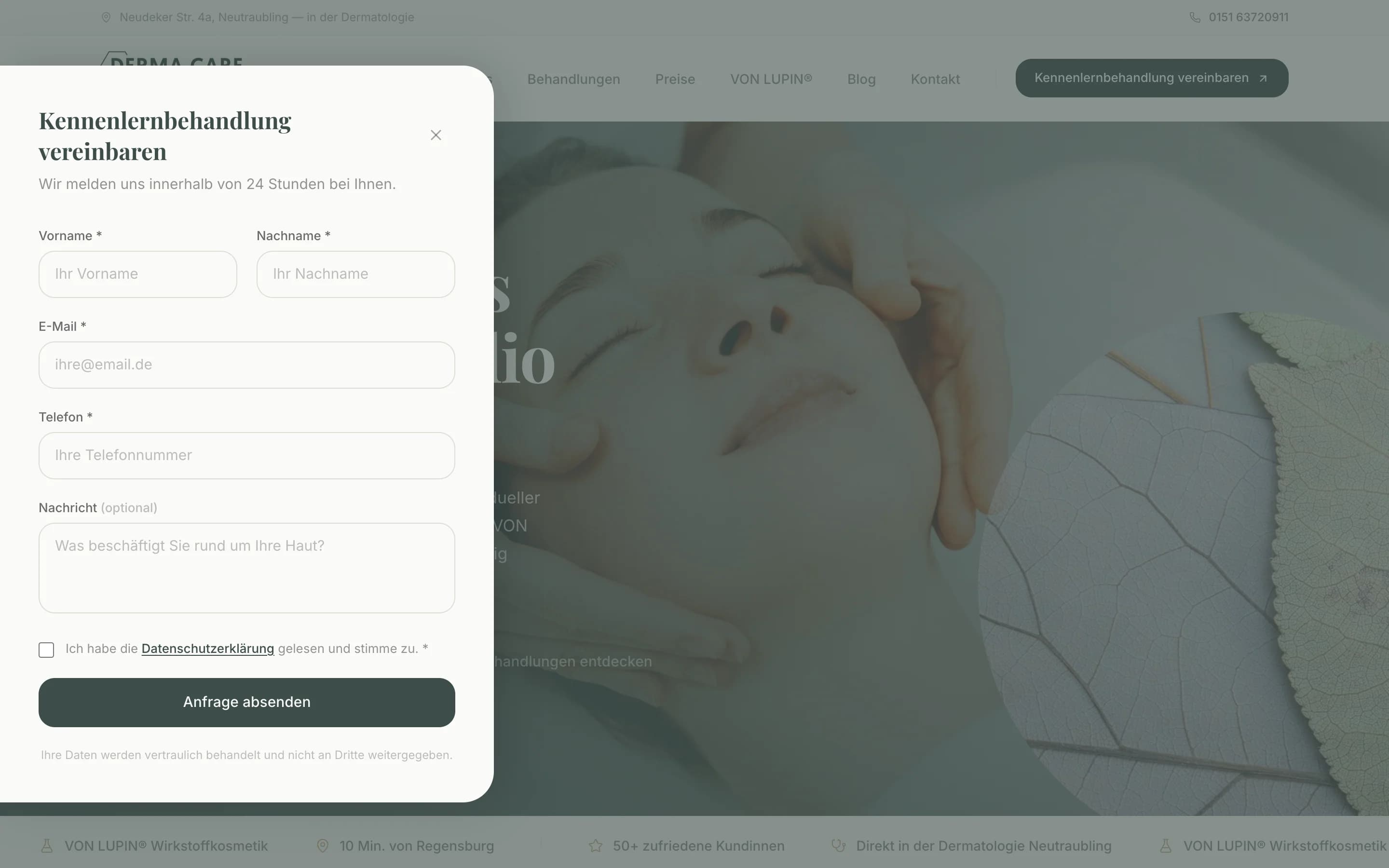 Website von DermaCare Neutraubling: nach dem Klick auf „Kennenlernbehandlung vereinbaren“
