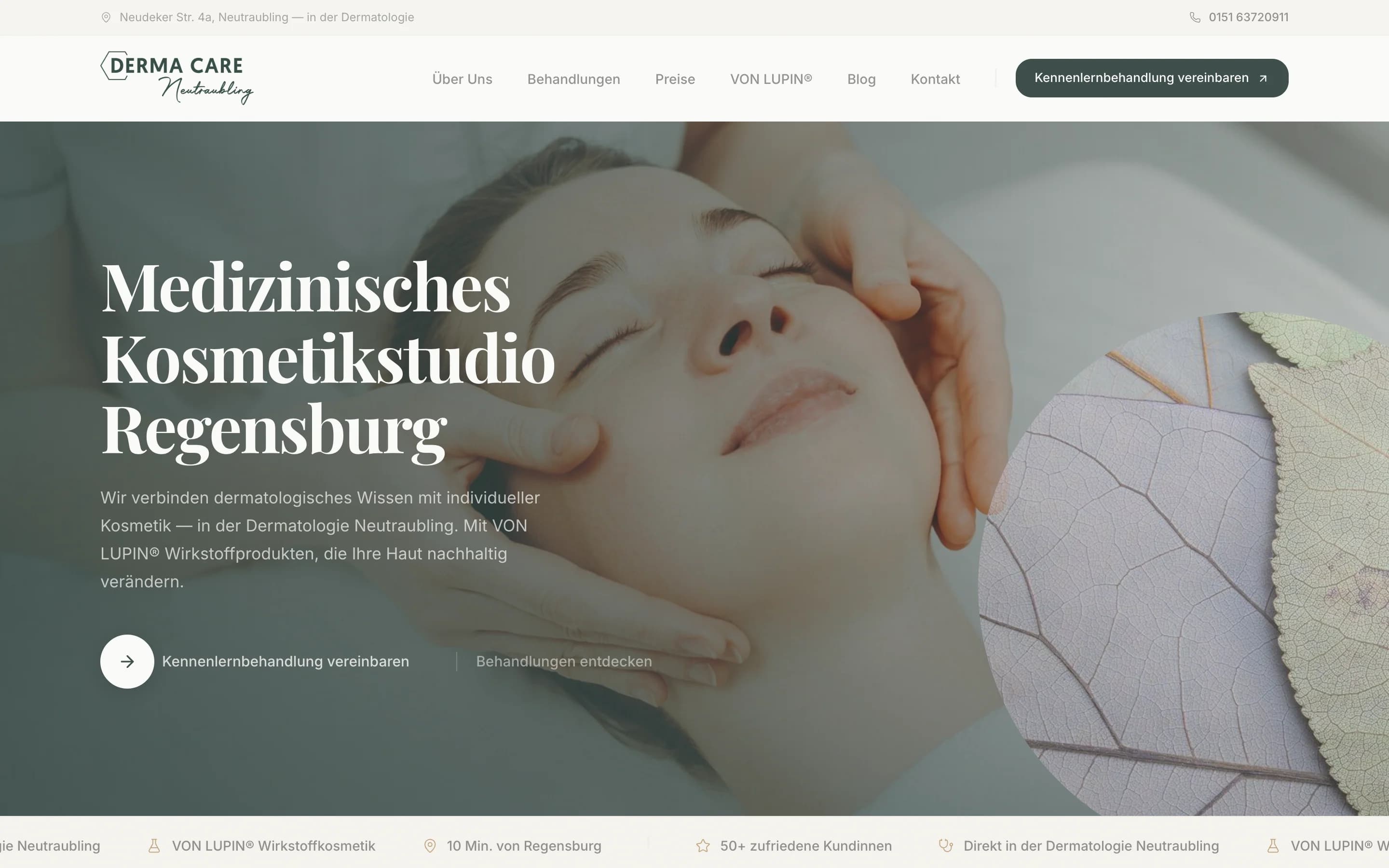 Website von DermaCare Neutraubling: erster Bildschirm