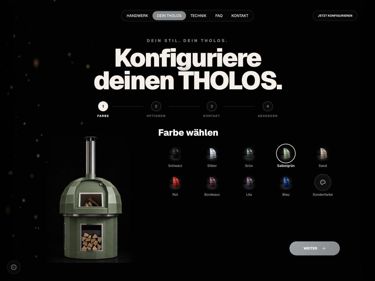 Der aktuelle THOLOS-Konfigurator mit salbeigrüner Produktvorschau und den vier Schritten Farbe, Optionen, Kontakt und Anfrage
