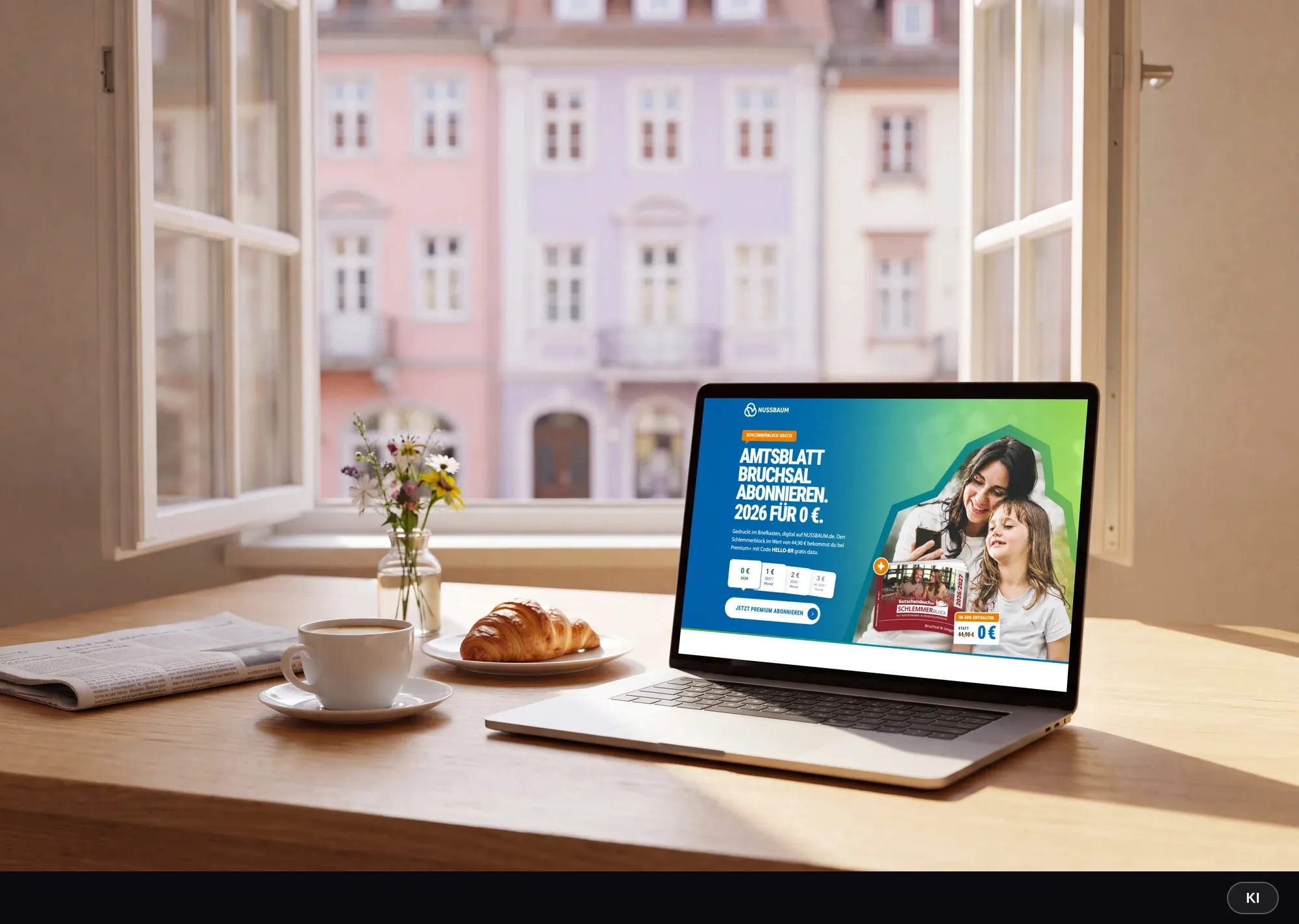 KI-generiertes Bild: Laptop auf einem Holztisch am offenen Fenster mit Kaffee und Croissant, auf dem Bildschirm der Einstieg der Abo-Landingpage des Amtsblatts Bruchsal