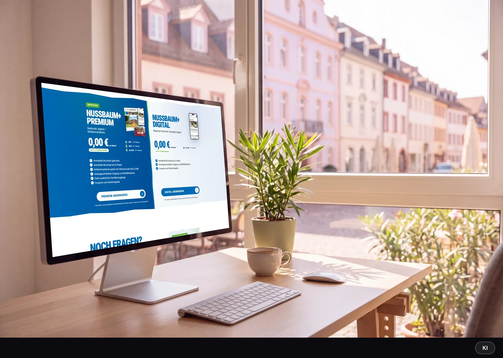 KI-generiertes Bild: Monitor im hellen Homeoffice mit Blick auf die Altstadt, auf dem Bildschirm die beiden Abo-Varianten im Vergleich
