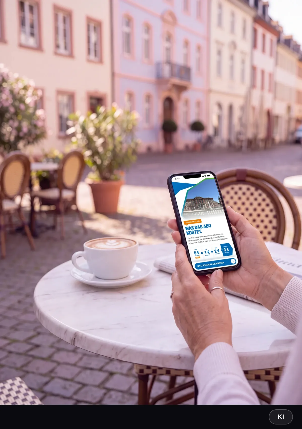 KI-generiertes Bild: Leserin hält am Marmortisch eines Straßencafés ein Smartphone mit der Preisstaffel des Amtsblatt-Abos