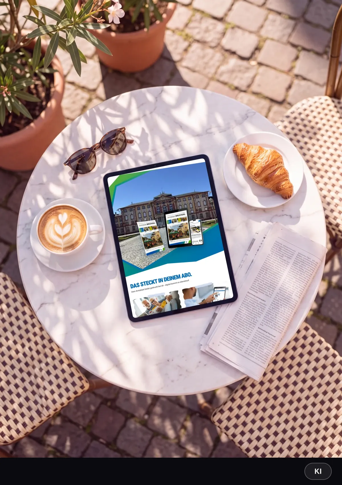 KI-generiertes Bild: Draufsicht auf einen Bistrotisch mit Cappuccino und Croissant, auf dem Tablet der Abschnitt „Das steckt in deinem Abo.“ mit Schloss Bruchsal