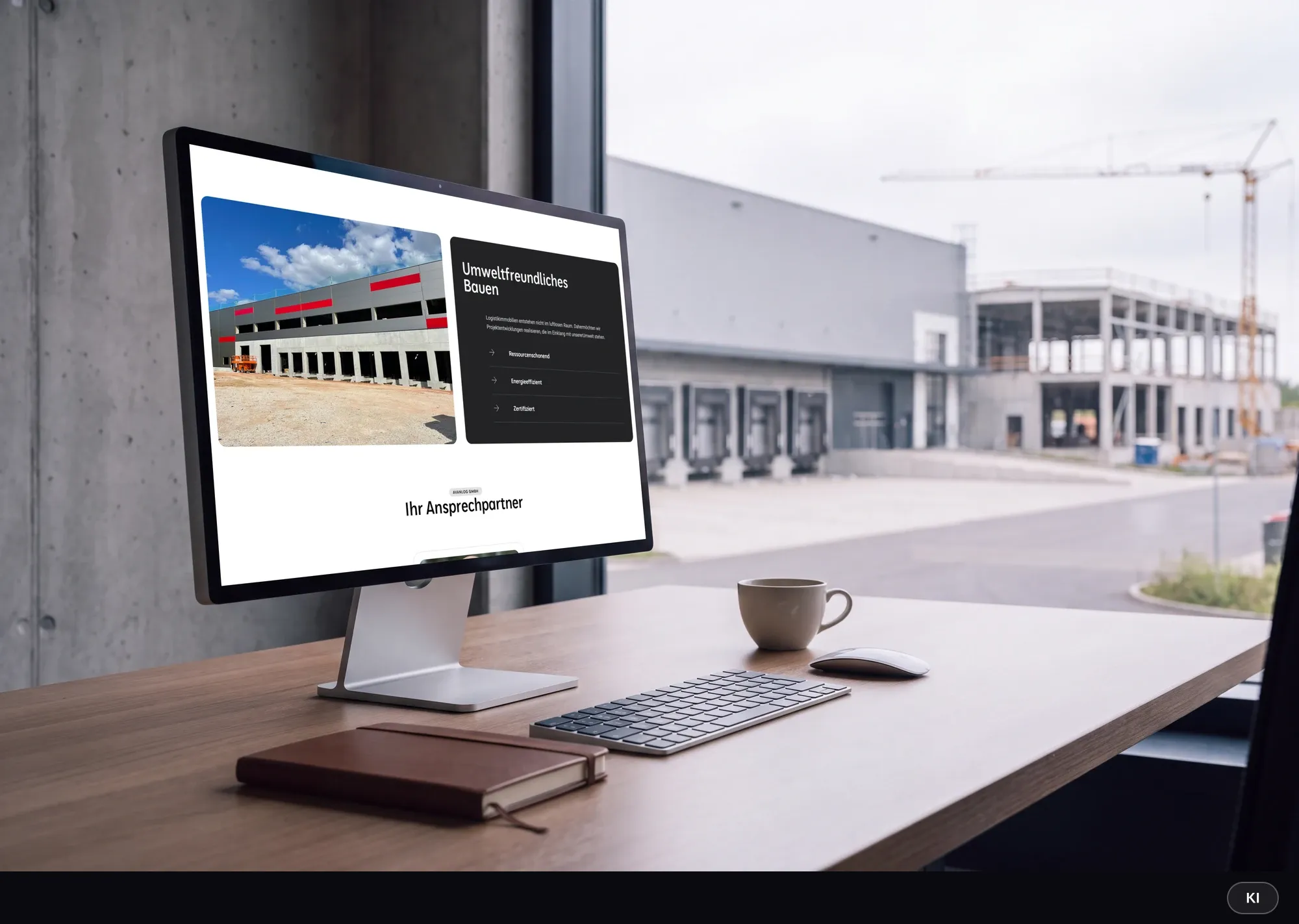 KI-generiertes Bild: Monitor mit dem Bereich „Umweltfreundliches Bauen“ der AvanLog-Website im Büro, durch das Fenster ein Logistikpark mit Baukran