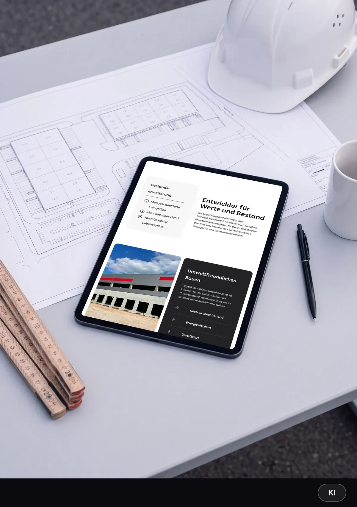 KI-generiertes Bild: Tablet mit dem Bereich Bestandserweiterung der AvanLog-Website auf Lageplänen eines Logistikparks, daneben Schutzhelm, Zollstock und Kaffeetasse