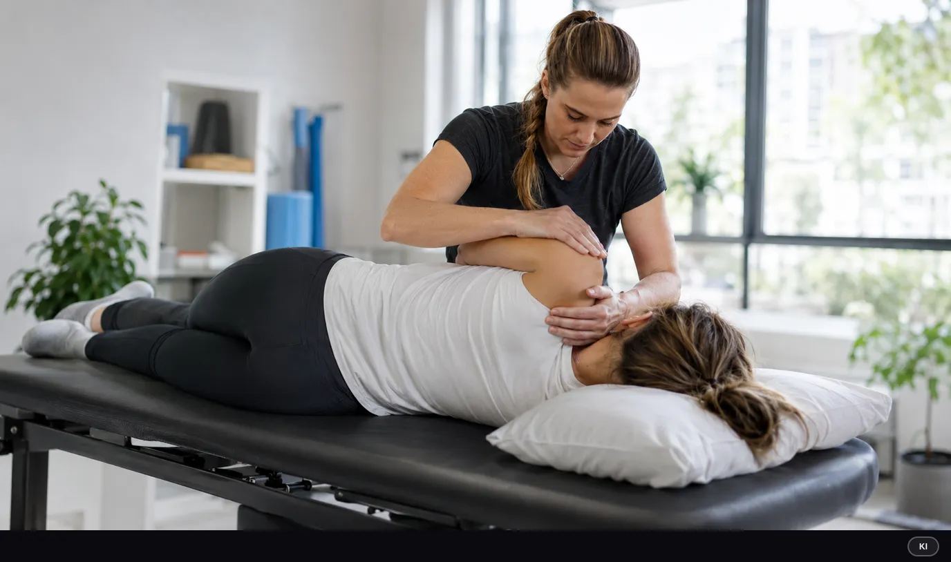 KI-generiertes Bild: Physiotherapeutin behandelt eine Patientin in einem hellen Therapieraum