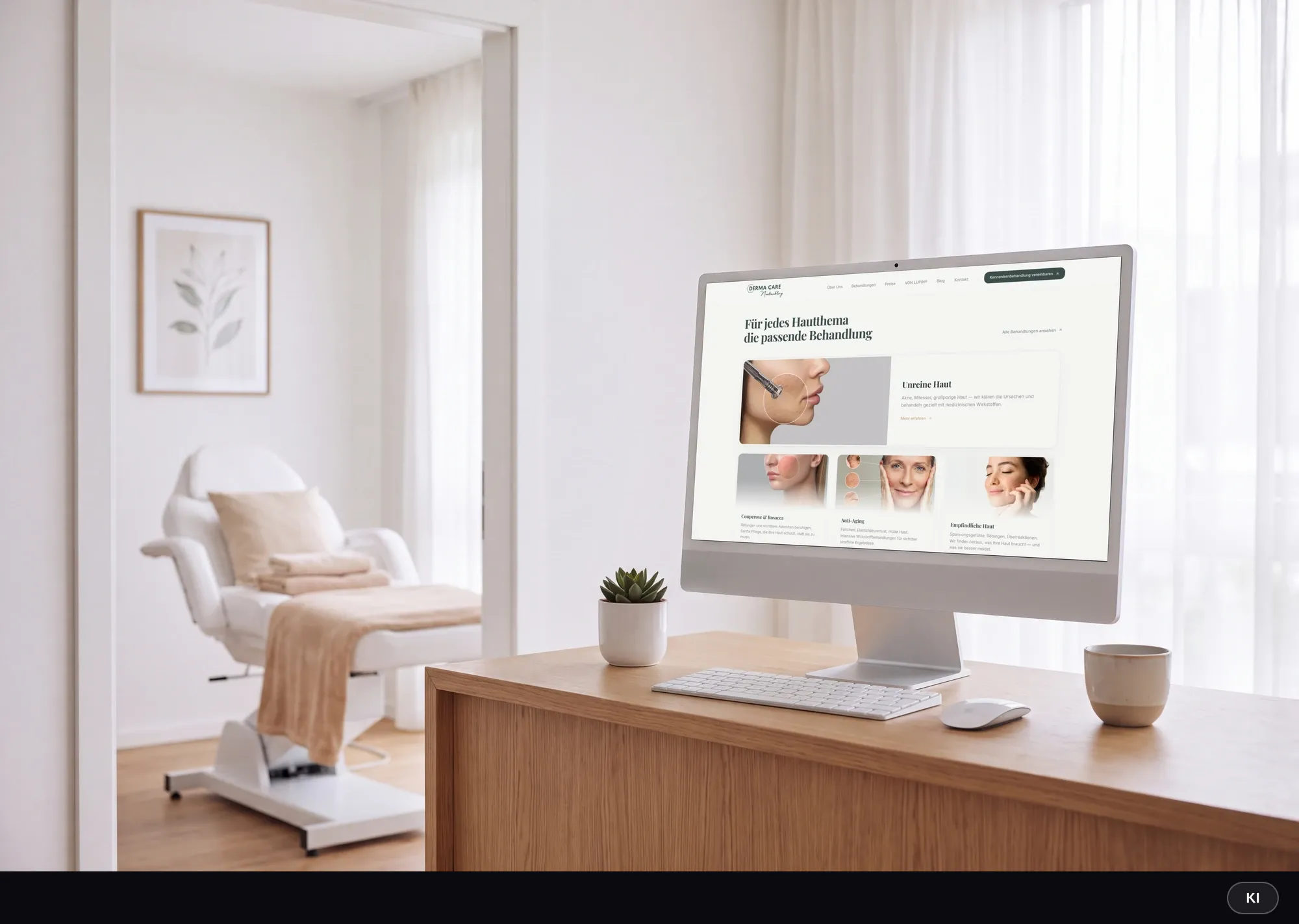 KI-generiertes Bild: Monitor am Empfang zeigt die Behandlungsübersicht der Website, dahinter der Blick in den hellen Behandlungsraum