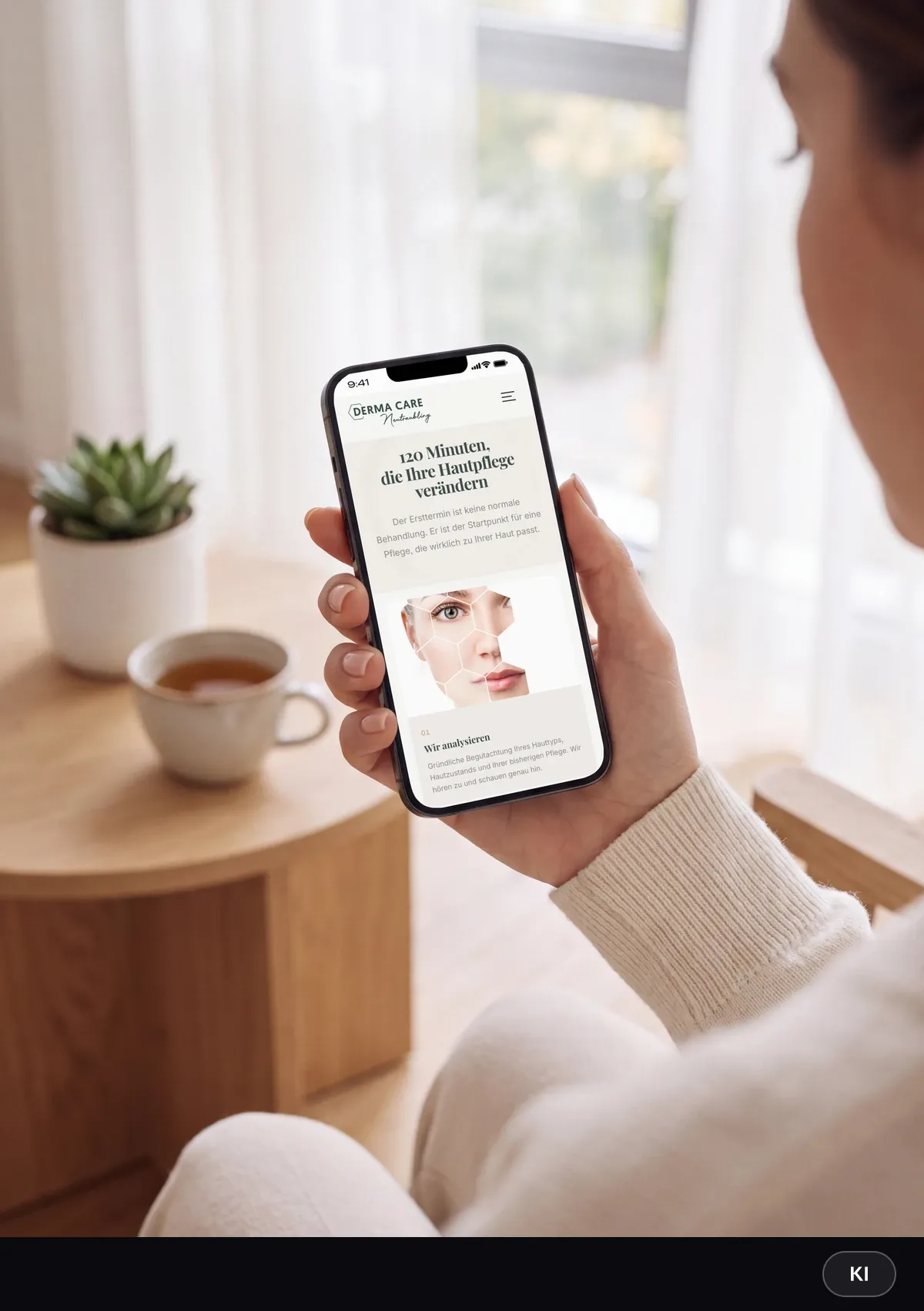 KI-generiertes Bild: Kundin im Wartebereich hält ein Smartphone mit dem Behandlungsablauf auf der Website von DermaCare Neutraubling
