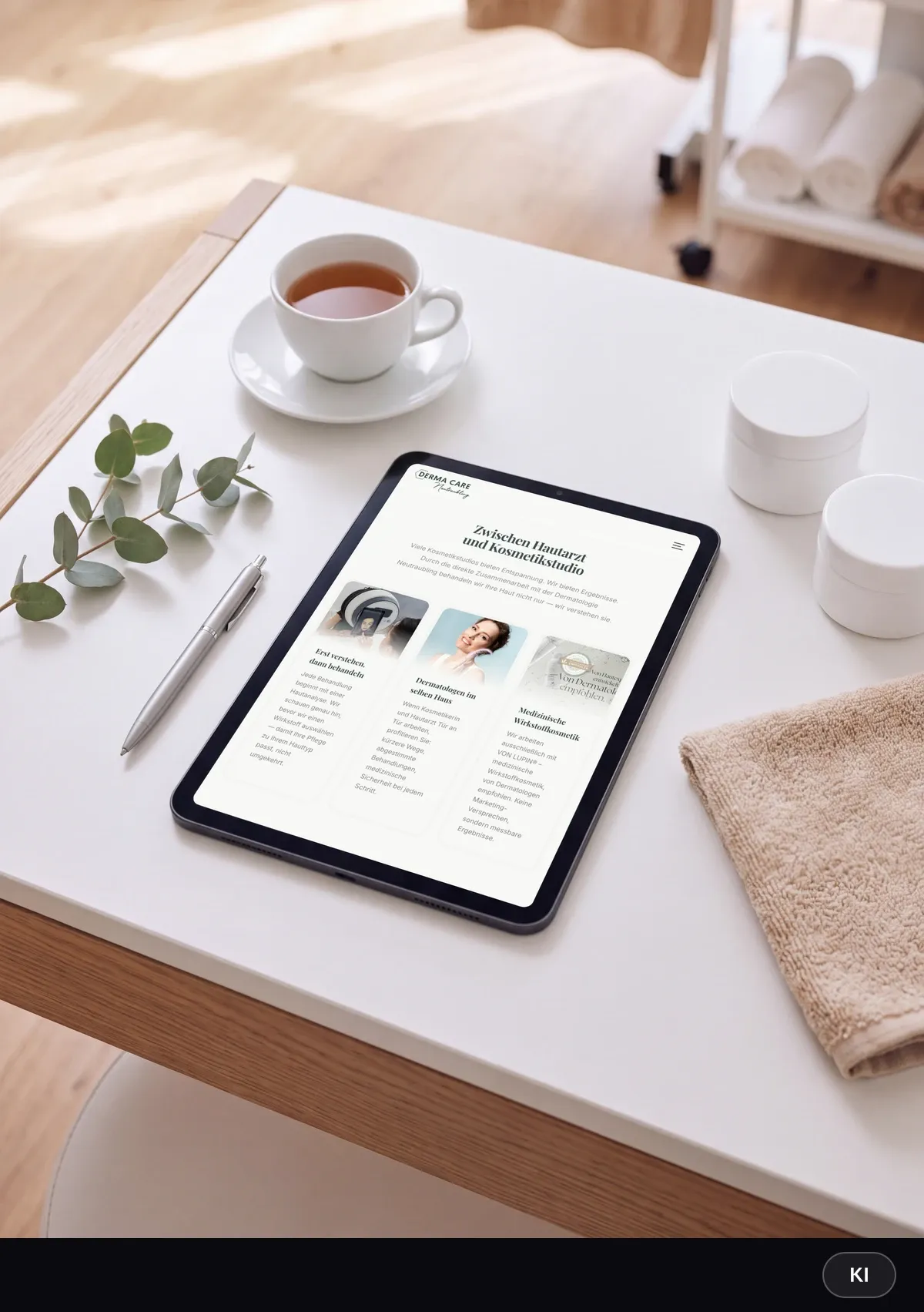 KI-generiertes Bild: Tablet in der Draufsicht auf einem weißen Tisch zeigt den Abschnitt „Zwischen Hautarzt und Kosmetikstudio“, daneben Tee, Eukalyptus und ein Handtuch