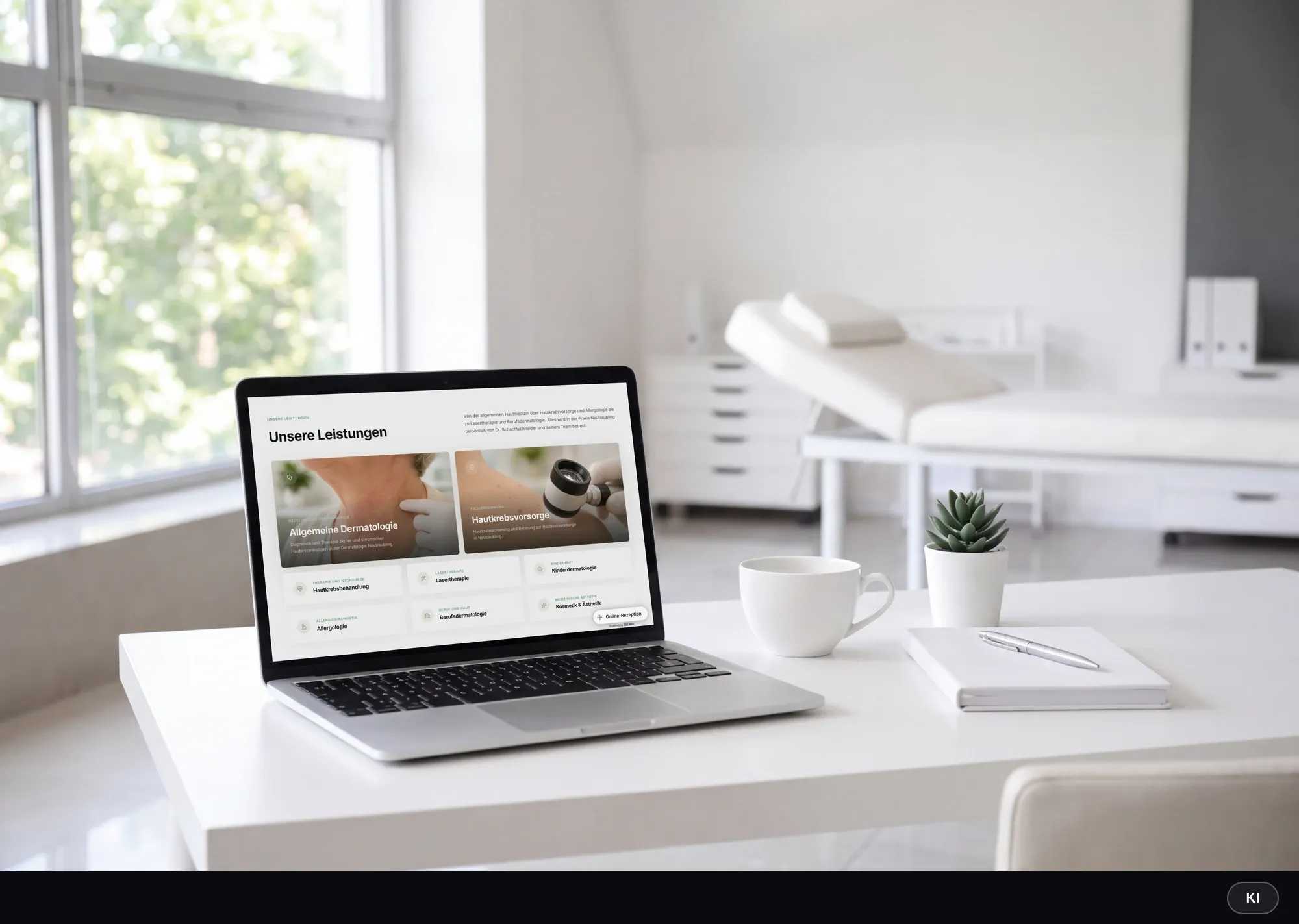 KI-generiertes Bild: Laptop im hellen Behandlungszimmer zeigt die Leistungsübersicht von Dermatologie Neutraubling mit Allgemeiner Dermatologie und Hautkrebsvorsorge