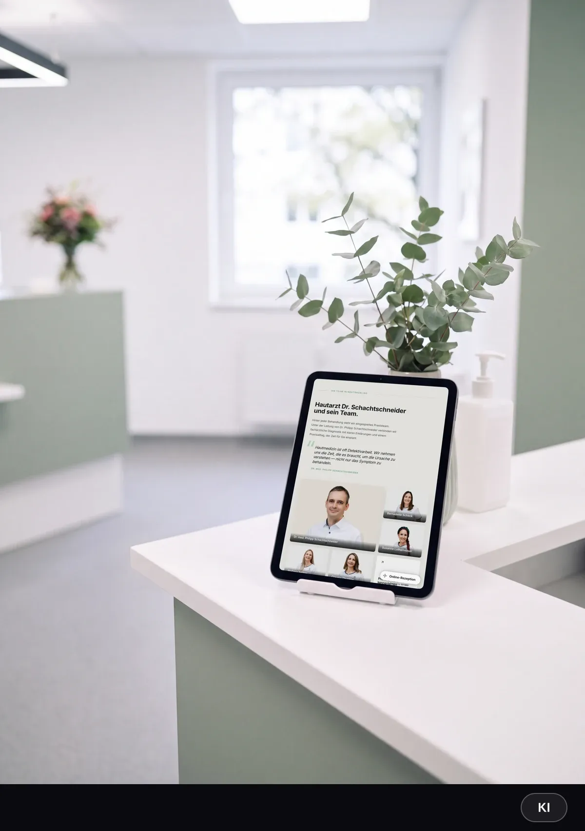 KI-generiertes Bild: Tablet auf dem Empfangstresen zeigt Dr. Schachtschneider und das Praxisteam auf der Website von Dermatologie Neutraubling