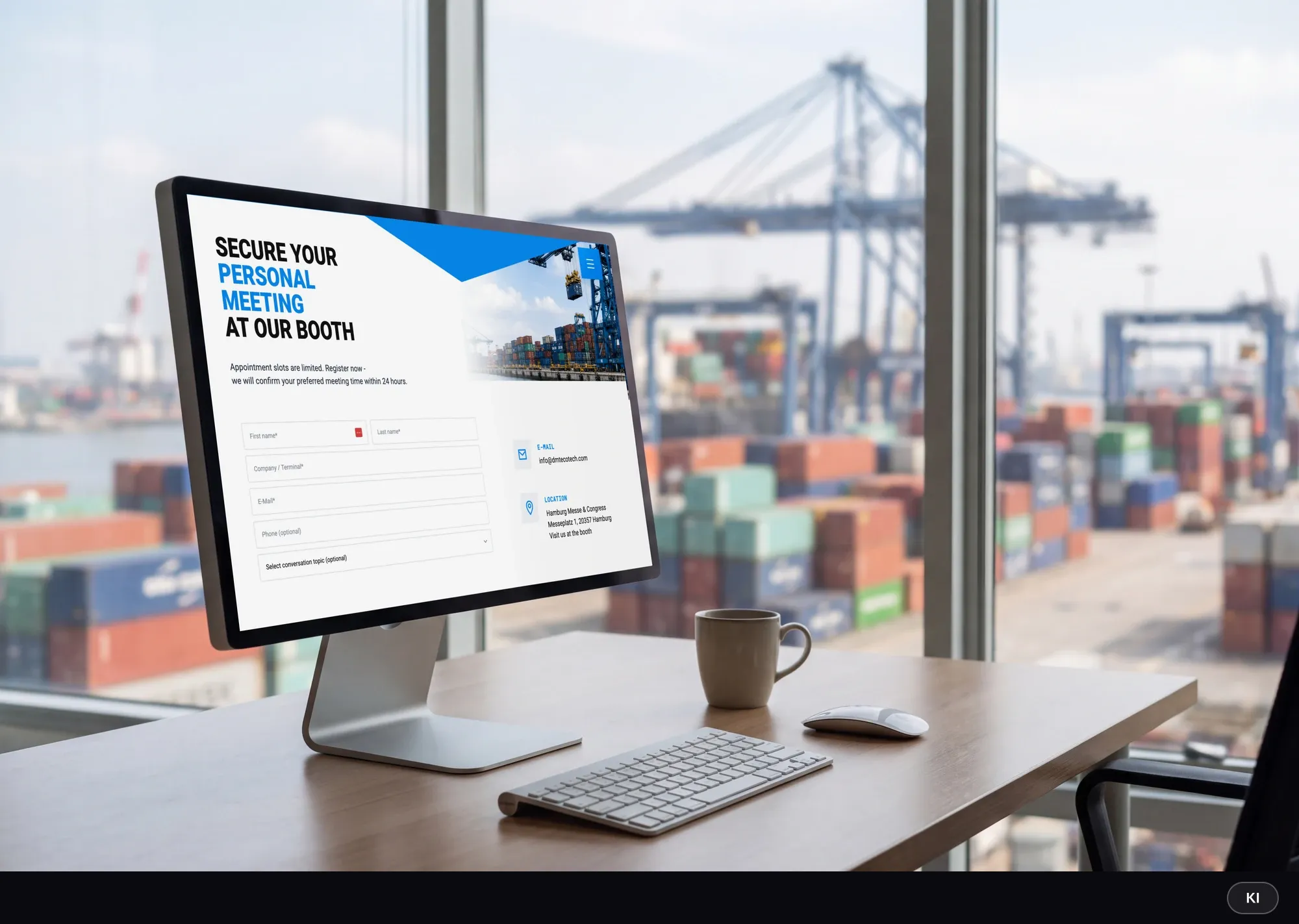 KI-generiertes Bild: Monitor mit dem Terminformular der Landingpage in einem Büro mit Blick auf einen Containerhafen