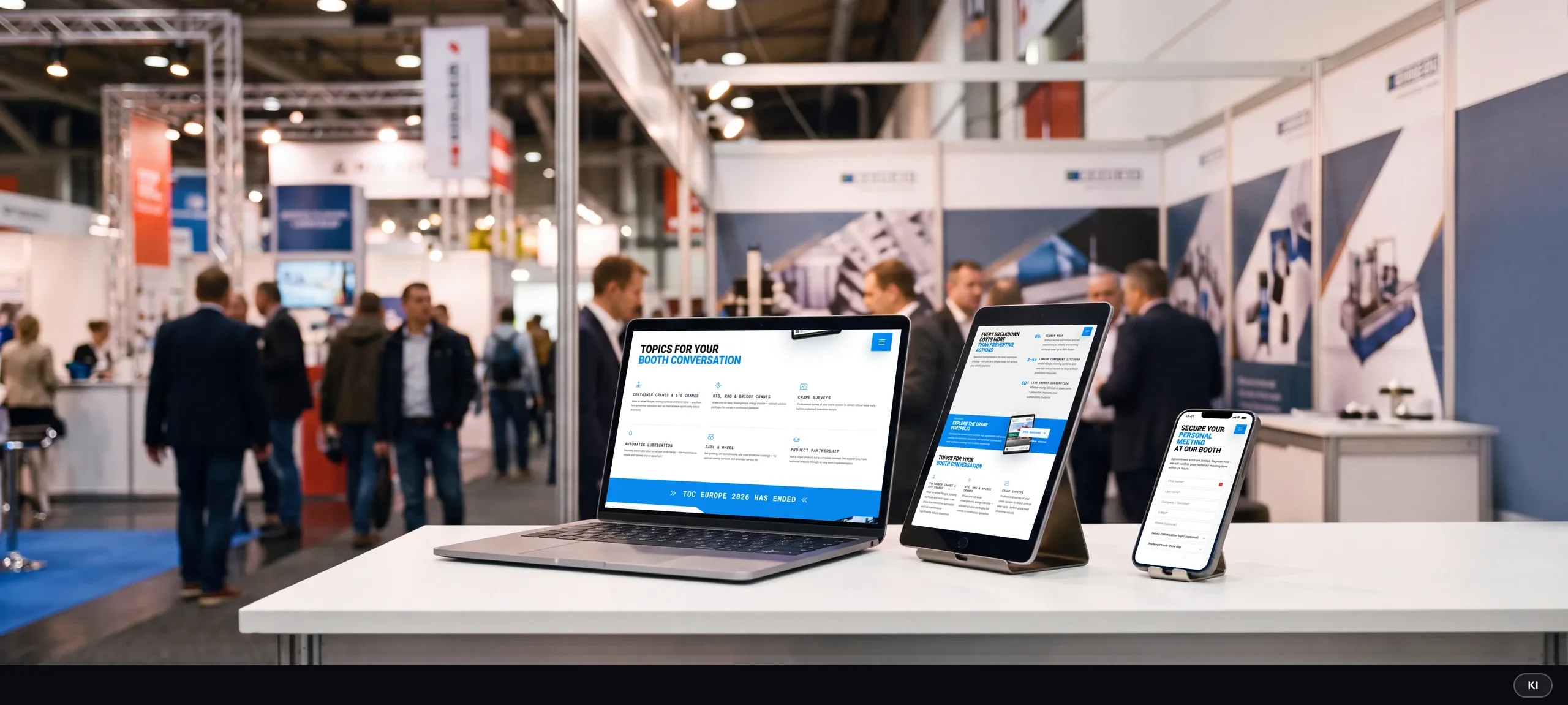 KI-generiertes Bild: Laptop, Tablet und Smartphone an einem Messestand zeigen die Gesprächsthemen, die Kennzahlen und das Terminformular der Landingpage