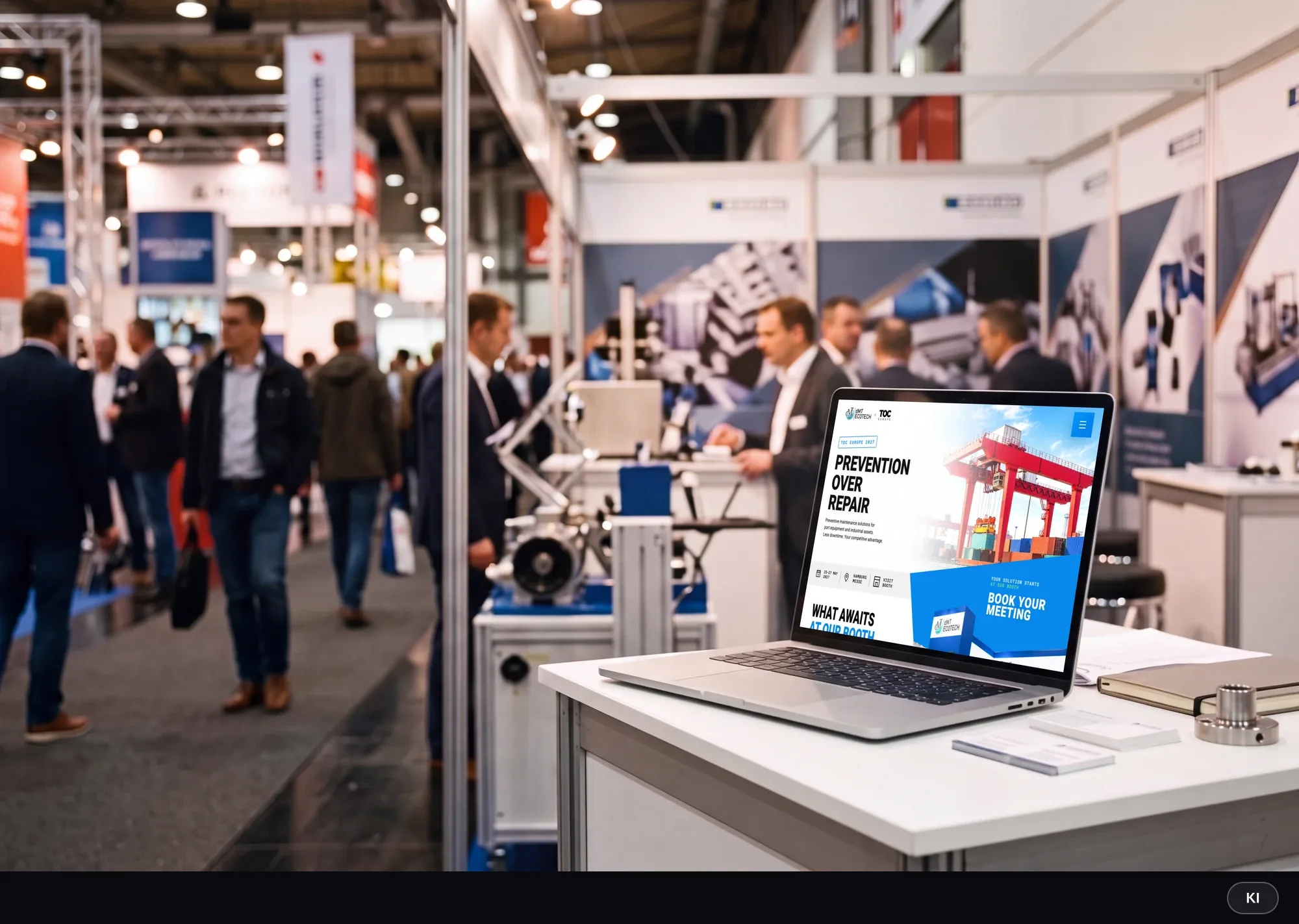 KI-generiertes Bild: Laptop mit der Startseite der Landingpage auf dem Tresen eines Messestands, dahinter Fachbesucher