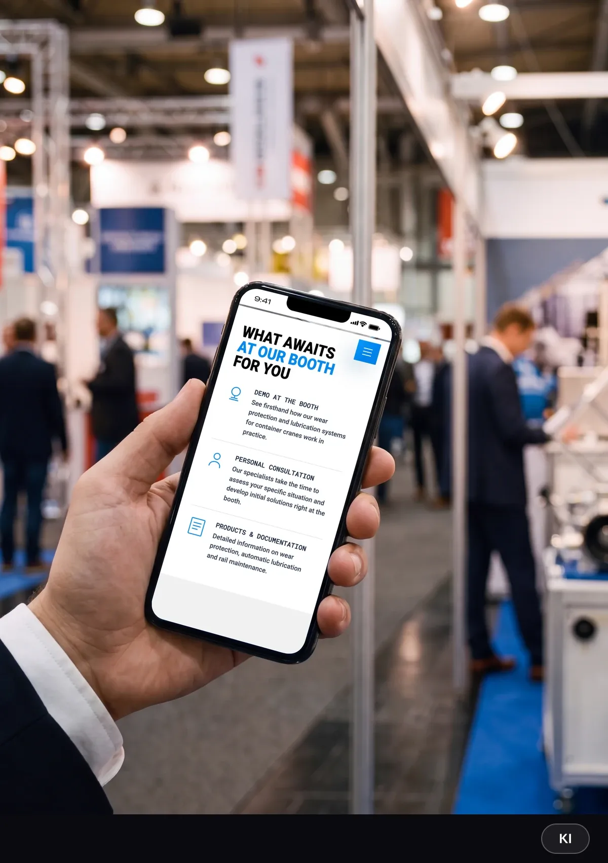 KI-generiertes Bild: Messebesucher hält ein Smartphone mit dem Abschnitt „What awaits at our booth“ der mobilen Landingpage in der Hand
