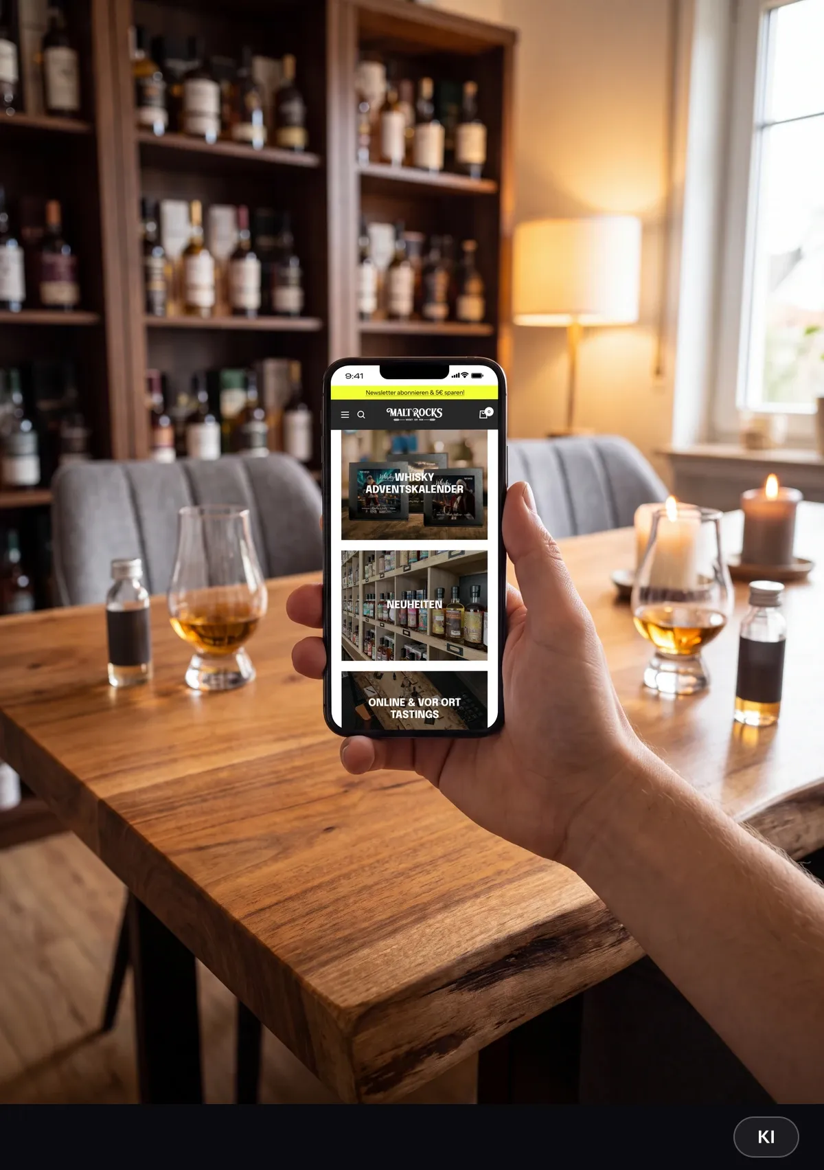 KI-generiertes Bild: Hand hält ein Smartphone mit den Kategorie-Kacheln des Malt-Rocks-Shops, im Hintergrund ein Tasting-Abend mit Kerzen und Nosing-Gläsern