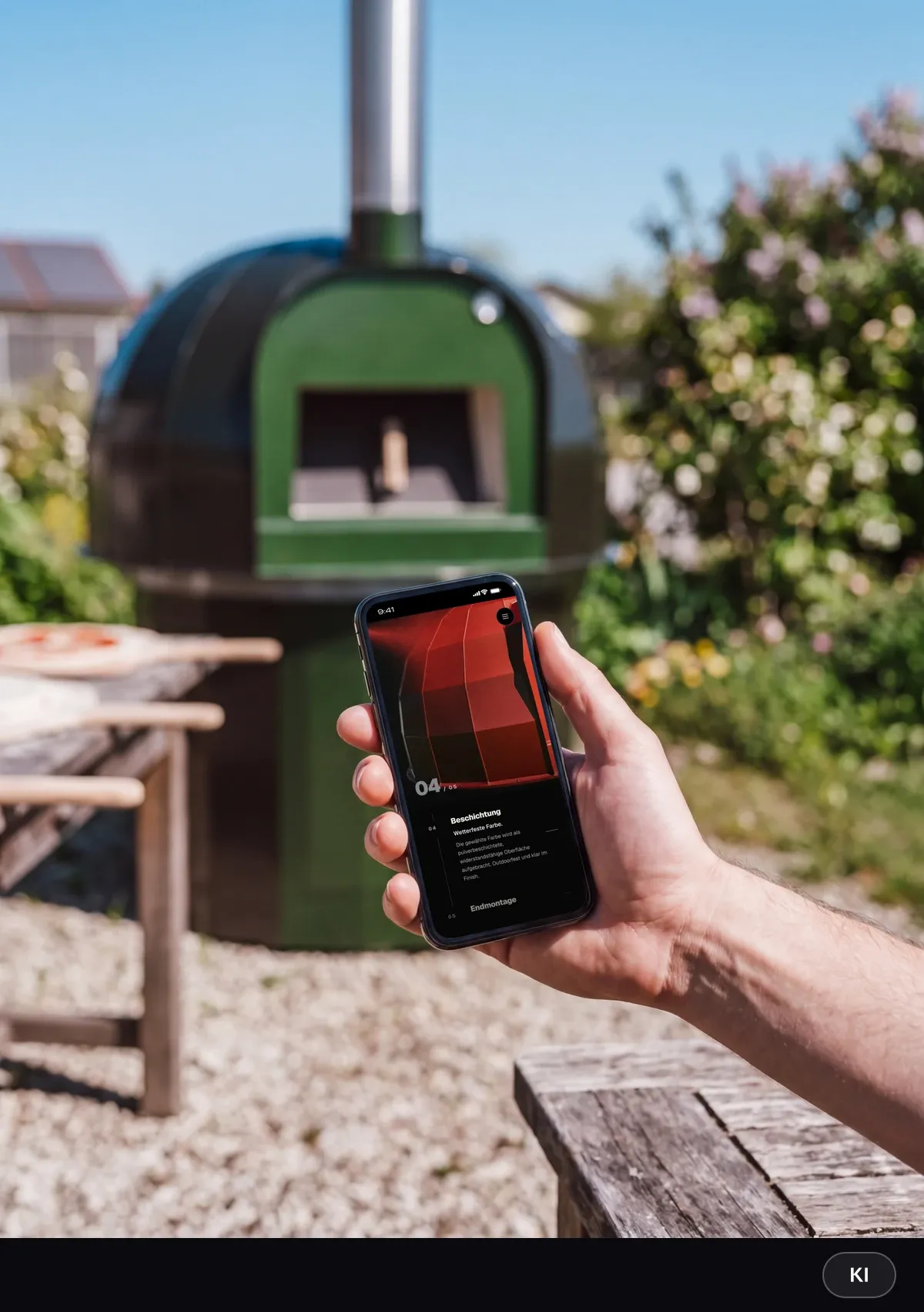 KI-generiertes Bild: Hand hält ein Smartphone mit dem Fertigungsschritt Beschichtung und einer rot pulverbeschichteten Ofenkuppel, im Hintergrund der grüne Outdoor-Ofen