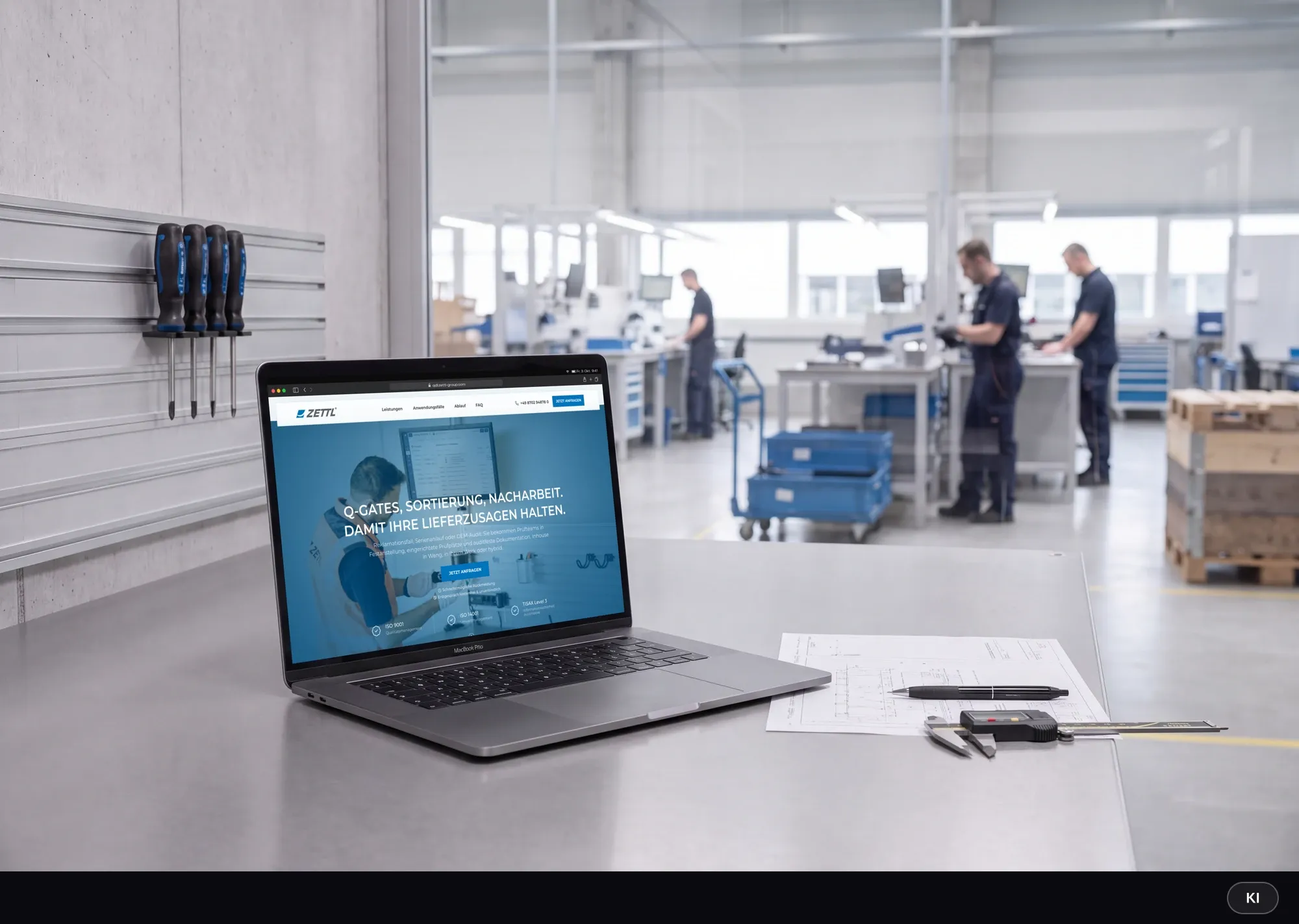 KI-generiertes Bild: Laptop mit der Zettl-QDL-Landingpage auf einer Edelstahl-Werkbank, dahinter durch eine Glasscheibe die Prüfhalle mit Mitarbeitern an den Prüfplätzen