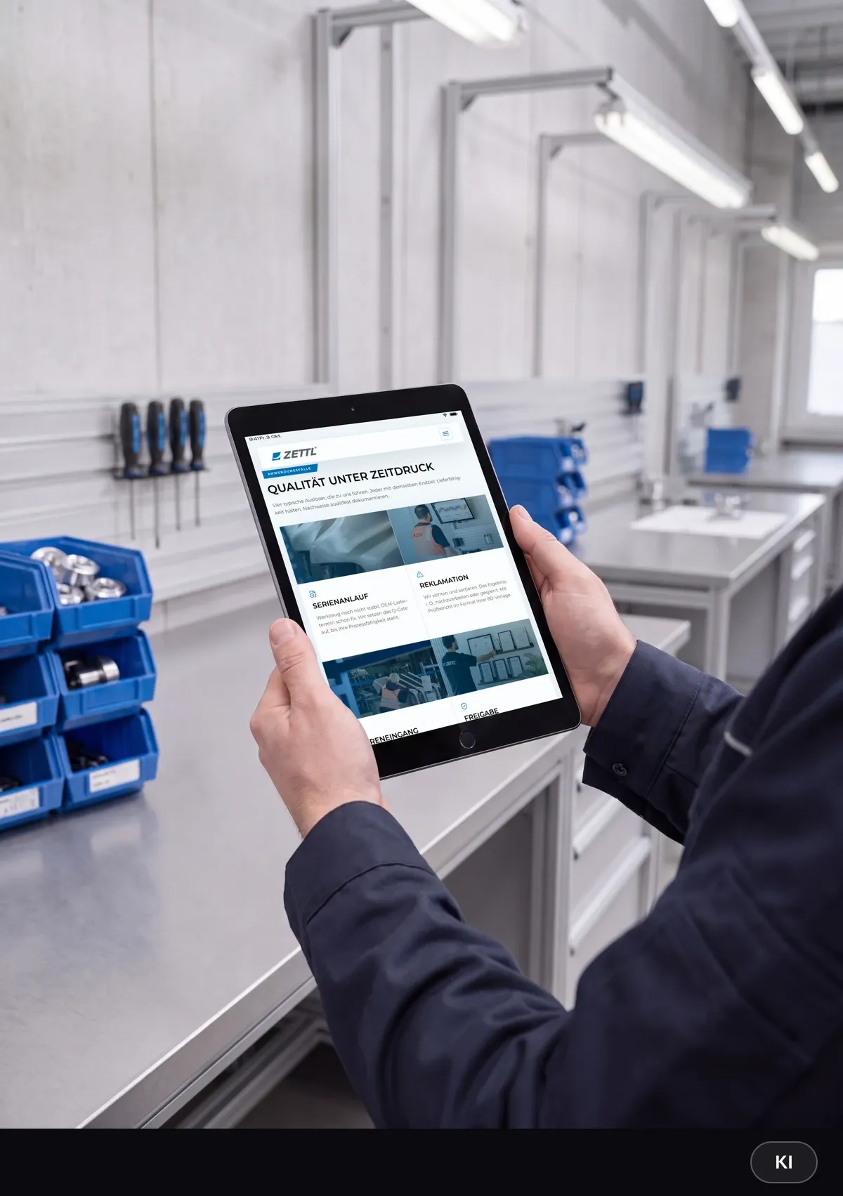KI-generiertes Bild: Qualitätsverantwortlicher hält in der Prüfhalle ein Tablet mit den Anwendungsfällen wie Serienanlauf und Reklamation